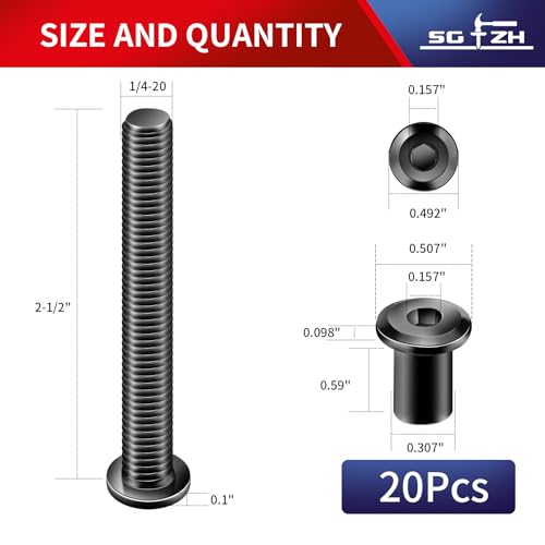 1/4-20 x 2-1/2" 20Pcs Flat Head Hex Socket Cap Screws Bolts Barrel Nuts Kit, 304 Stainless Steel 18-8, Full Thread, Black Oxide by SG TZH (with Hex Spanner) - color: Black, size: 1/4-20 x 2-1/2"