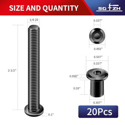 1/4-20 x 2-1/2" 20Pcs Flat Head Hex Socket Cap Screws Bolts Barrel Nuts Kit, 304 Stainless Steel 18-8, Full Thread, Black Oxide by SG TZH (with Hex Spanner) - color: Black, size: 1/4-20 x 2-1/2"