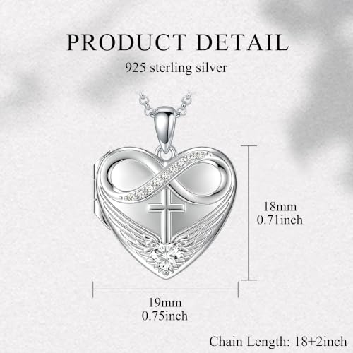 Heart Locket Necklace 925 Sterling Silver Personalized Picture Locket Pendant Birthday Christmas Jewelry Memorial Gifts for Women - color: Angel Wings