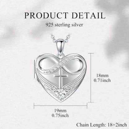 Heart Locket Necklace 925 Sterling Silver Personalized Picture Locket Pendant Birthday Christmas Jewelry Memorial Gifts for Women - color: Angel Wings