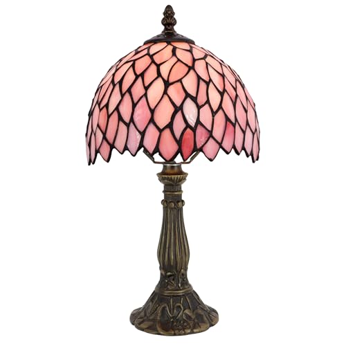 Tiffany Table Lamp Stained Glass Bedside Accent Light 8X8X14.5 inch | Pink Wisteria Style Stained Glass Memory Sympathy Light Push Button Switch Vintage Resin Base Decor For Bedroom Living Room - color: Pink Wisteria