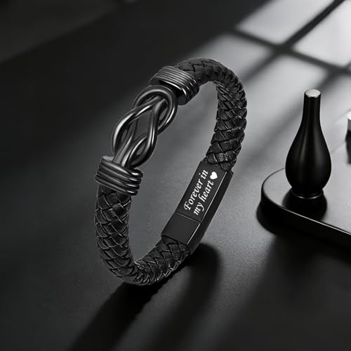 abooxiu Urn Bracelet for Ashes Leather Cremation Bracelet for Human Ashes Stainless Steel Ash Bracelets Memorial Cremation Jewelry Keepsake Bangle for Men - style: Black Knot-Forever in My Heart