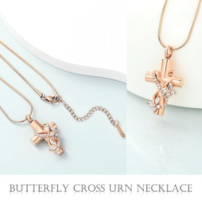 Imrsanl Butterfly Cross Urn Necklace for Ashes Men Women Cremation Jewelry Ashes Pendant for Human Memorial Ash Jewelry - color: Rose Gold