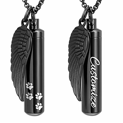 Hearbeingt Cylinder Cremation Jewelry Paw Print Urn Necklaces for Ashes | Stainless Steel,with Charm Wing,for Women Men,Memorial Necklace,Ash Pendant for Human Pet,Keepsake Jewelry,Gift,Fill Tool - color: Customize
