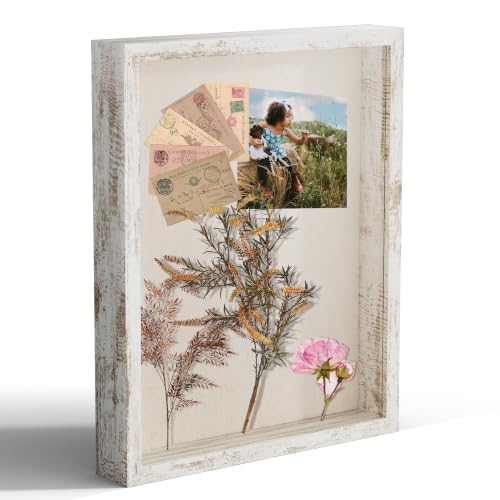 11x14 Shadow Box Picture Frame Display Case with Soft Linen Back, Distressed White Wooden Memory Shadow Box Frame with Tempered Glass Cover for Wall Display - color: Distressed White, size: 11x14