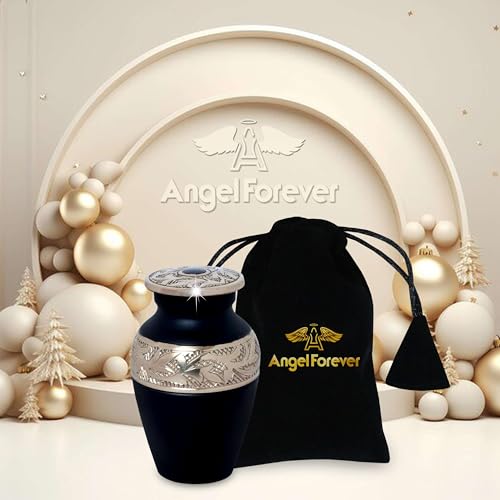 Small Keepsake Urn for Human Ashes – Black Handcrafted Solid Brass Mini Cremation Urn with Velvet Bag – Elegant Lacquer-Coated Memorial Urn for Men & Women – Durable Tribute Ashes Holder for Loved One