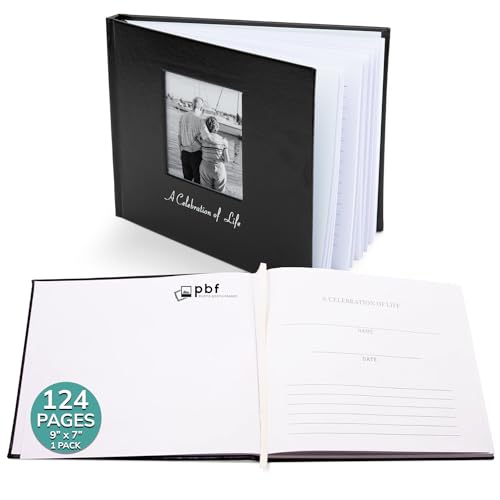 pbf 9x7 Funeral Guest Book with Photo Insert | 124-Page Funeral Book to Sign | Memorial Book for Celebration of Life | Memory Book, Sign in Book for Funeral Service, Registry Guest Book (Black) - style: Celebration of Life
