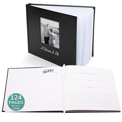 pbf 9x7 Funeral Guest Book with Photo Insert | 124-Page Funeral Book to Sign | Memorial Book for Celebration of Life | Memory Book, Sign in Book for Funeral Service, Registry Guest Book (Black) - style: Celebration of Life