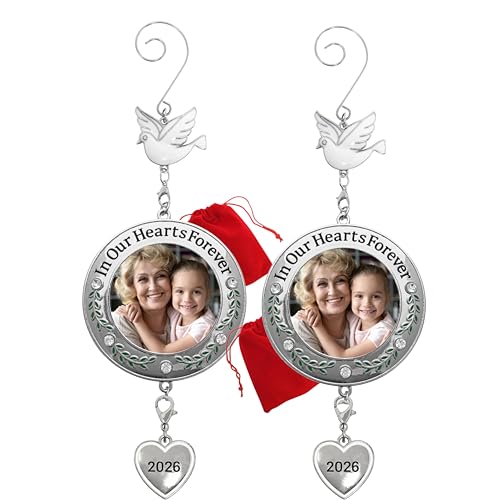 Memorial Christmas Photo Ornaments 2026, Set of 2 Remembrance Keepsakes with in Our Hearts Forever Sentiment, Clear Gems, Floral Accents, Dove Hooks and Gift Storage Bags, Holds 2 Inch Photos, 3 Inch - size: 2 Pack