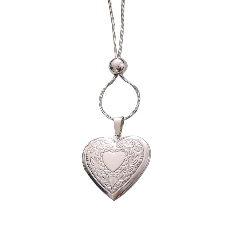ZFAIRY Heart Locket Necklace with Photo Frame, Stainless Steel, Adjustable Chain, Silver