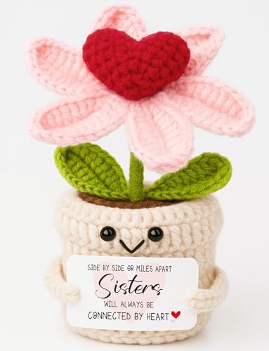 Good Bye Gifts for Women Sisters - Crochet Heart Flower Plant - Birthday Gifts for Sis Soul Sissies BFF Bestie Best Friends Work Sister - Long Distance Relationship Keepsake - color: Sisters1