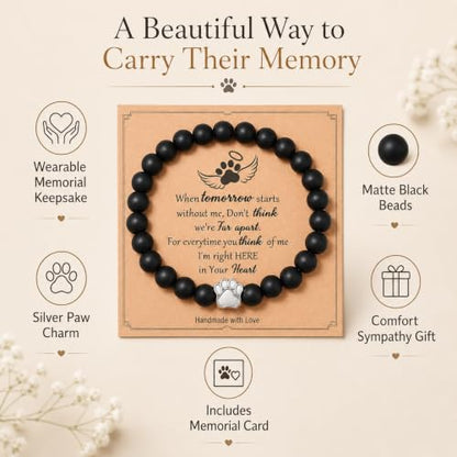 Pet Memorial Bracelet Loss of Dog Cat Matte Black Bead Sympathy Gift | Silver paw print charm, bereavement condolence keepsake jewelry, rainbow bridge gift for dog mom cat mom women men pet parent