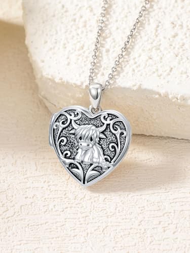 Personalized Heart Locket Necklace That Holds Pictures 925 Sterling Silver Custom Photo Lockets Necklaces Jewelry Gifts for Family Women Lover - color: Highland cow, style: Locket Only