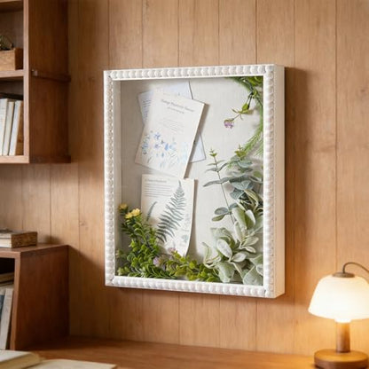 Muzilife 16x20 Shadow Box Pine Wood with Unique Bead Door, 3.18 Deep, White - color: White-bead Shape, size: 16"x20"