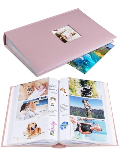 1DOT2 Photo Album for 4x6 Pictures with Writing Space, Pink | Holds 402 Photos,Linen Cover with Front Window, Acid-free Inner Pages, Ideal for Marriage Children Travel Family - color: Pink