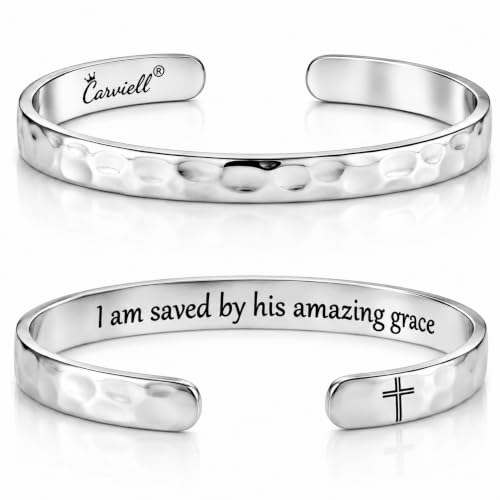 Bracelets for Women – 100+ Meaningful Engraved Messages – Solid 316L Surgical Stainless Steel Cuff Bracelet – Gift Ready - color: CHRISTIAN GIFT- I am saved by his amazing grace - SILVER