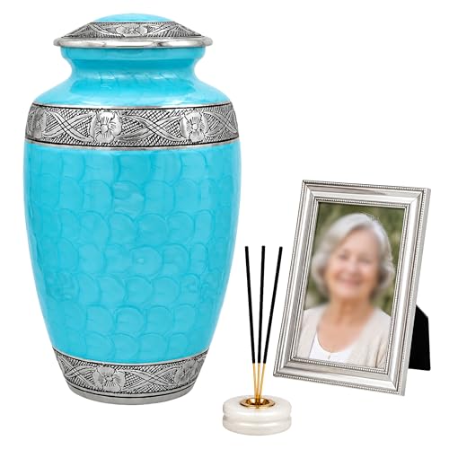 Sky Blue Silver Cremation Urn for Human Ashes, Adult | Handcrafted metal, silver floral engraving, screw-top lid, 6.5x6.5x11 in, funeral or home memorial display, keepsake urn - color: Sky Blue, size: Antique Silver Floral - 6.5x11"