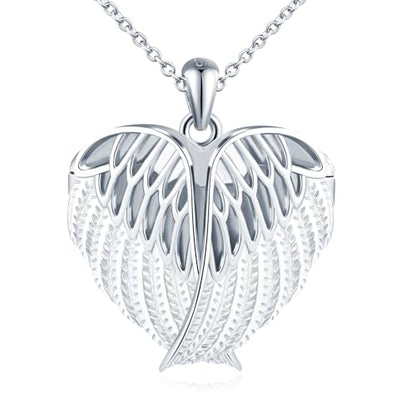 MicLee Women Photo Locket Necklace 925 Sterling Silver Heart Shape Feather Wings Pattern Picture Locket Necklace - color: Silver