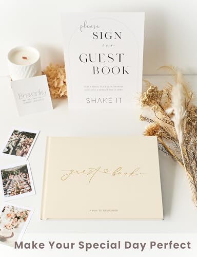 Wedding Guest Book, Polaroid Photo Guestbook for Baby Shower | Table Sign Included, Gold Stamping, Hardcover, 9x7.5", Perfect for Bridal Party & Baby Shower, Beige - color: Beige