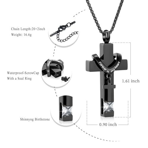 Oinsi Black Cross Urn Necklace For Ashes Of Loved Ones With Birthstone Always In My Heart Cremation Jewelry Keepsake Pendant Women Men - color: Clear Stone