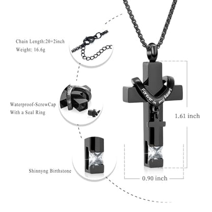 Oinsi Black Cross Urn Necklace For Ashes Of Loved Ones With Birthstone Always In My Heart Cremation Jewelry Keepsake Pendant Women Men - color: Clear Stone
