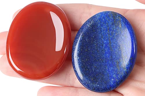2PCS Worry Stone for Anxiety Red Carnelian Agate Lapis Lazuli Healing Crystals Hand Carved Thumb Stones Pocket Gemstones Meditation Oval Shaped Crystal Natural Reiki Relax Palm Stone Therapy Relief - color: B-lapis Lazuli & Red Carnelian