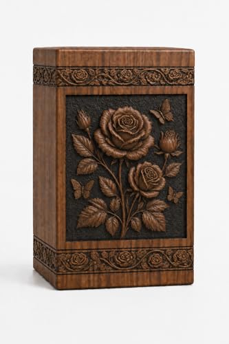 Handcrafted Rose Floral Wooden Urn for Human Ashes – Elegant Memorial Cremation Box with Butterfly Carved Design ((Full Size 14X7.5 600 Cubic INCHES))