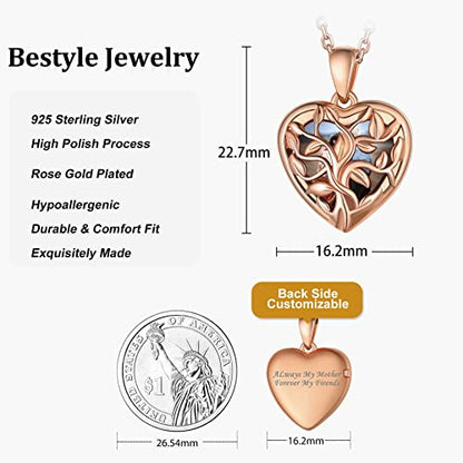 Bestyle Sterling Silver Heart Locket Necklace for Women, Dainty Cute Small Heart Locket Pendant in Gold/Rose Gold/Silver, Love Statement Jewelry Gift for Mother Wife - color: E1. Tree of Life-Rose Gold-Locket Only, NO Custom