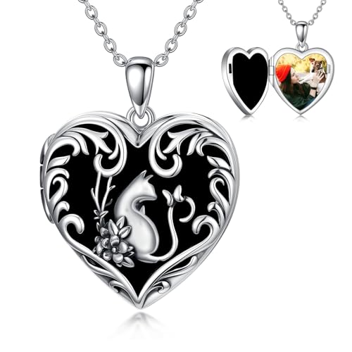 Dorunmo Personalized Heart Locket Necklace That Holds 2 Picture 925 Sterling Silver Custom Lockets Pendant Memorial Jewelry Gifts for Mom Sisters - color: Cat-Black Onyx, style: Personalized-Photo