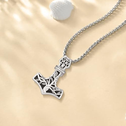 Sterling Silver Tree of Life Necklace for Women Oval Family Tree Necklace Abalone Shell Moonstone Pendant Mother Day Necklace for Mom Tree of Life Jewelry - style: Tree of Life-Thor hammer-Obsidian