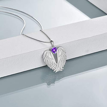 YFN Angel Wings Necklace 925 Sterling Silver Guardian Angel Wings Pendant Necklace Birthstone Necklace for Women Girls Christmas Jewelry Gifts - color: February-Purple