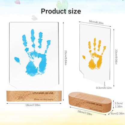 Family Handprint Kit - DIY Baby Hand and Footprint Keepsake - with Solid Wood Base, 5 Acrylic Plates & 6 Paints - Unique Keepsake For New Parents, Grandparents, Baby Shower & Pets