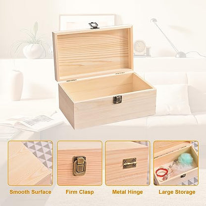 Large Wooden Box With Hinged Lid Wooden Memory Keepsake Case | 10.6x8x5.7 Inch Outer Unfinished Wood Craft Chest, Metal Locking Clasp Storage Desktop Organization Container