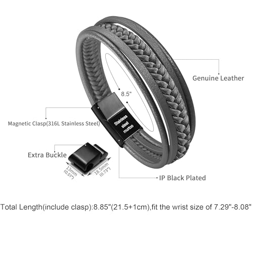 Mens Leather Bracelet with Clasp Cowhide Multi-Layer Braided Leather Mens Bracelet - style: Dim Grey&Black Clasp 8.5