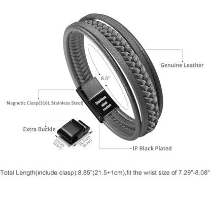 Mens Leather Bracelet with Clasp Cowhide Multi-Layer Braided Leather Mens Bracelet - style: Dim Grey&Black Clasp 8.5