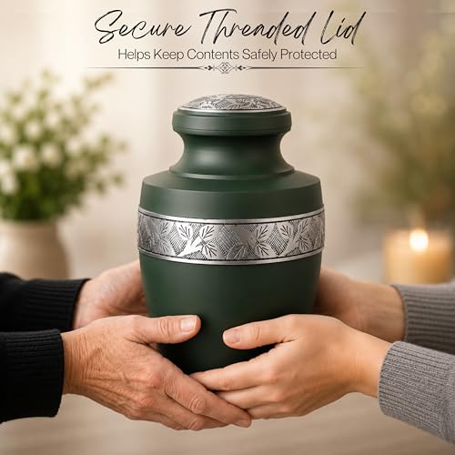 CLEENTABLE Cremation Urn for Human Ashes, Hand Carved Green Metal - color: Green & Silver, size: Hand-Etched Leaf - 7x11"