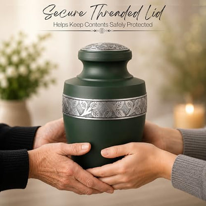 CLEENTABLE Cremation Urn for Human Ashes, Hand Carved Green Metal - color: Green & Silver, size: Hand-Etched Leaf - 7x11"