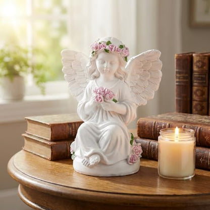 Guardian Angel Statue Angels Figurines with Pink Roses | Resin Cherub Statue, Outdoor Statues For Garden, Sympathy Guardian Angel Gift, Angel Gifts For Women, Yard Statues - color: Roses