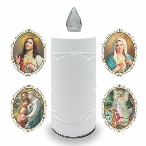LED Votive Candle Memorial Light – Flickering Effect Like a Real Candle – Long Burning time up to 120 Days – Reusable Cemetery Remembrance Eternal Candle – White – Mixed Saints Sticker Set - color: White