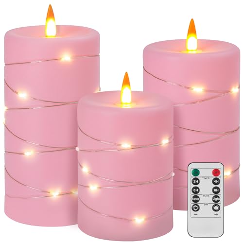 Rose Pink Flameless Candles with String Lights Battery Operated Flickering LED Pillar Candles with Remote Control Timer, Set of 3 for Living Room, Table Décor, Christmas Weddings - size: Rose Pink - 3 Pack