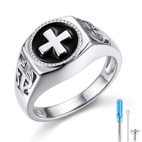 S925 Sterling Silver Cross Cremation Ring for Ashes for Men - color: Cross Enamel