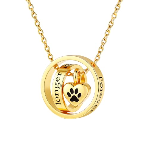 Cremation Jewelry for Ashes Pendant Dog/Cat Funeral Keepsake Urn Necklace Paw Print Memorial Necklace Forever in My Heart,No Longer by My Side Pet - color: Gold