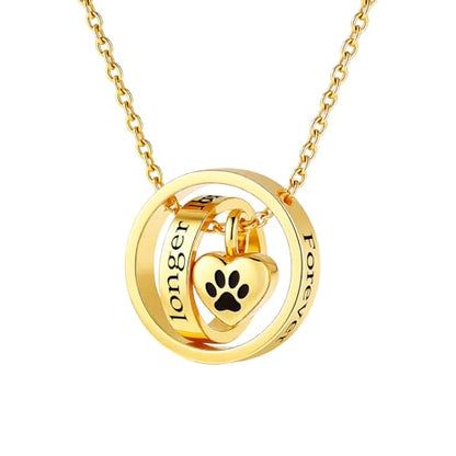 Cremation Jewelry for Ashes Pendant Dog/Cat Funeral Keepsake Urn Necklace Paw Print Memorial Necklace Forever in My Heart,No Longer by My Side Pet - color: Gold