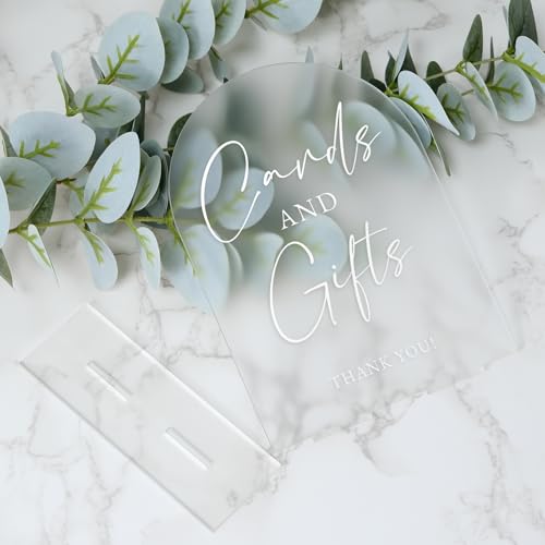 Cards and Gifts Sign with Stand- 5"x7" Frosted Arch Acrylic Wedding Sign and Base,1/8" Thick | Modern Calligraphy White Lettering Arch Acrylic Sign for Wedding Reception - style: Cards and Gifts