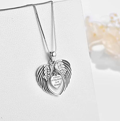TUGHRA Memorial Necklace for Women Men, Angel Wings Heart Pendant 925 Sterling Silver A Piece of My Heart Is In Heaven Charm Necklace Sympathy Gift - style: 01-Angel
