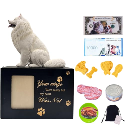 Pet Urns for Dogs – Wooden Dog Urns for Ashes with Samoyed Figurine, Locking Photo Frame Pet Urn, Small Pet Urns for Cats or Dogs, Dog Ashes Keepsake Box for Home Display - color: Samoyed 3200, size: Black framed urn