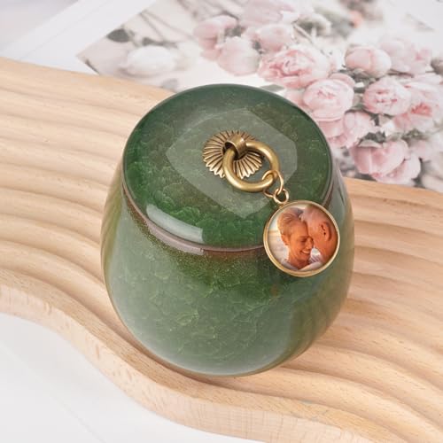 Photo Personalized Ceramic Small Urn for Human Ashes Cremation Keepsake Urn for Adult Male Female Ice Crack Keepsake Urn for Human or Pet Ashes Turquoise Green - color: Turquoise Green, style: Personalize