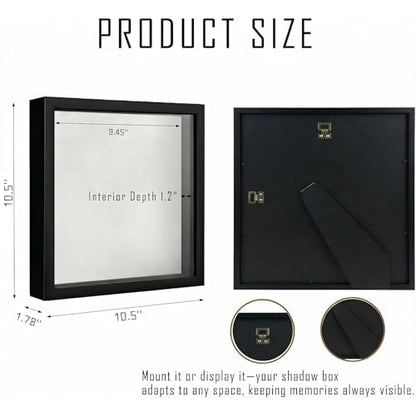 10x10 Shadow Box Frame, Deep Display Case for Flowers Memorabilia Photos | Deep Frame Gift with Crystal Clear Acrylic Front Wall Mount or Tabletop,Hanging Hardware&Double Sided Tape,2 Pack Black