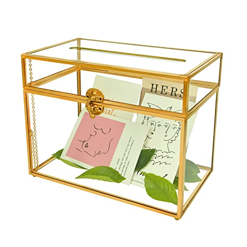 YIMORENCE V Gold Glass Card Holder - Rectangle Shape Wedding Envelope Box with Slot and Foot, Perfect for Reception and Party Centerpiece - color: Exquisite Gold