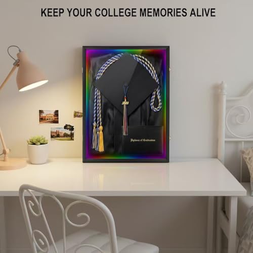IHEIPYE Large Black Graduation Shadow Box Frame with LED Lights | Wall Mounted Lockable, UV-Protective Door, Keepsake Display Case, Holds Cap, Gown, Diploma, Tassel, Medals - size: LargeLED-Black
